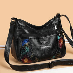Women's Leather Messenger Shoulder Handbag Floral Multi-Pocket