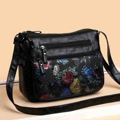 Women's Leather Messenger Shoulder Handbag Floral Multi-Pocket