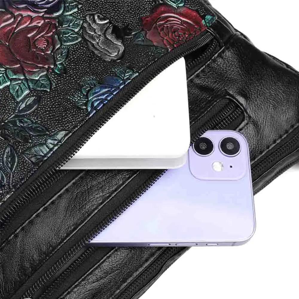 Women's Leather Messenger Shoulder Handbag Floral Multi-Pocket