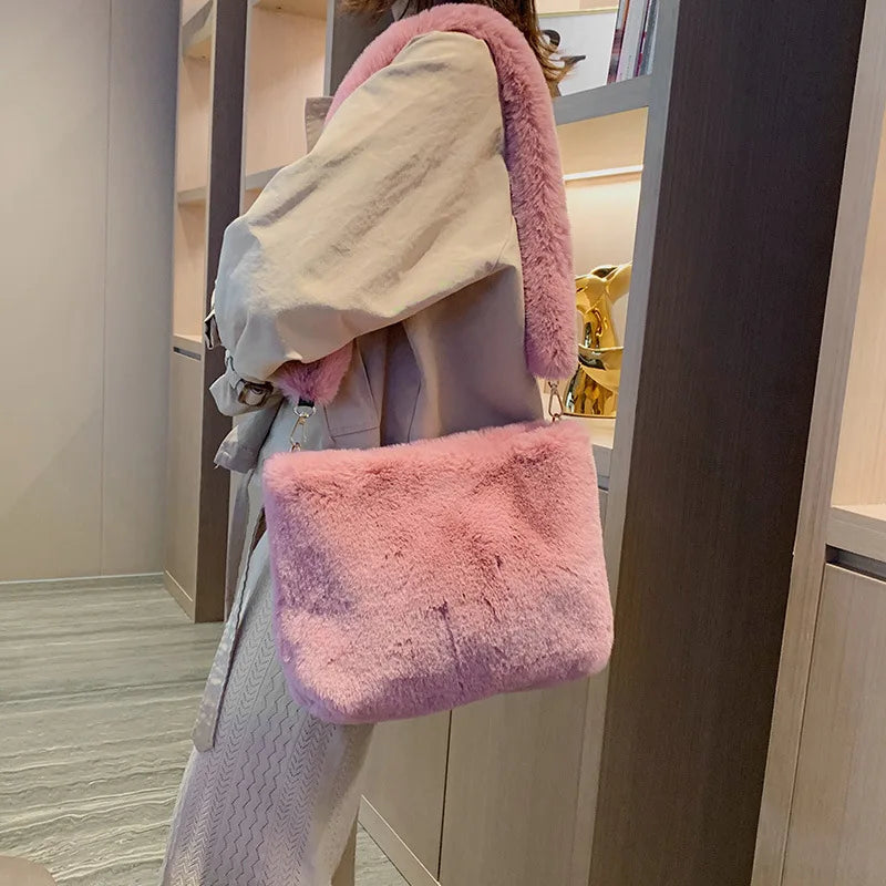 Plush Crossbody Bag Casual Faux Fur Large Shoulder Bags Ladies Purse