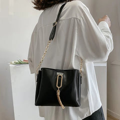 Tassel Pendant Bucket Bag for Women PU Leather Shoulder Crossbody Bag