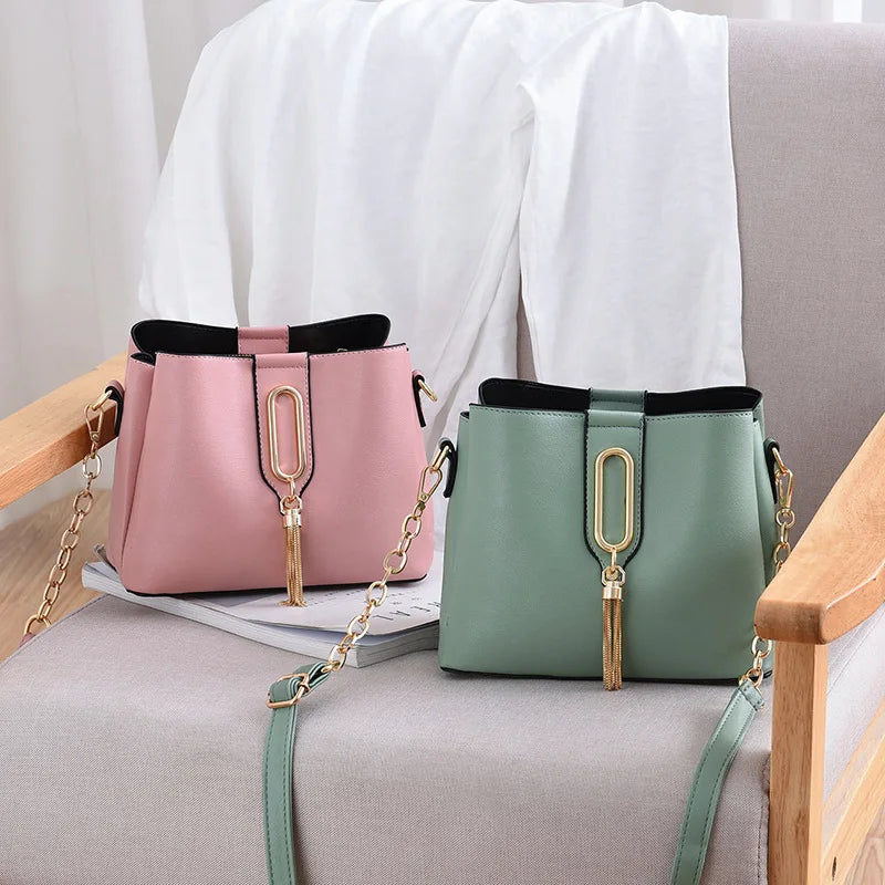 Tassel Pendant Bucket Bag for Women PU Leather Shoulder Crossbody Bag