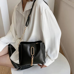 Tassel Pendant Bucket Bag for Women PU Leather Shoulder Crossbody Bag