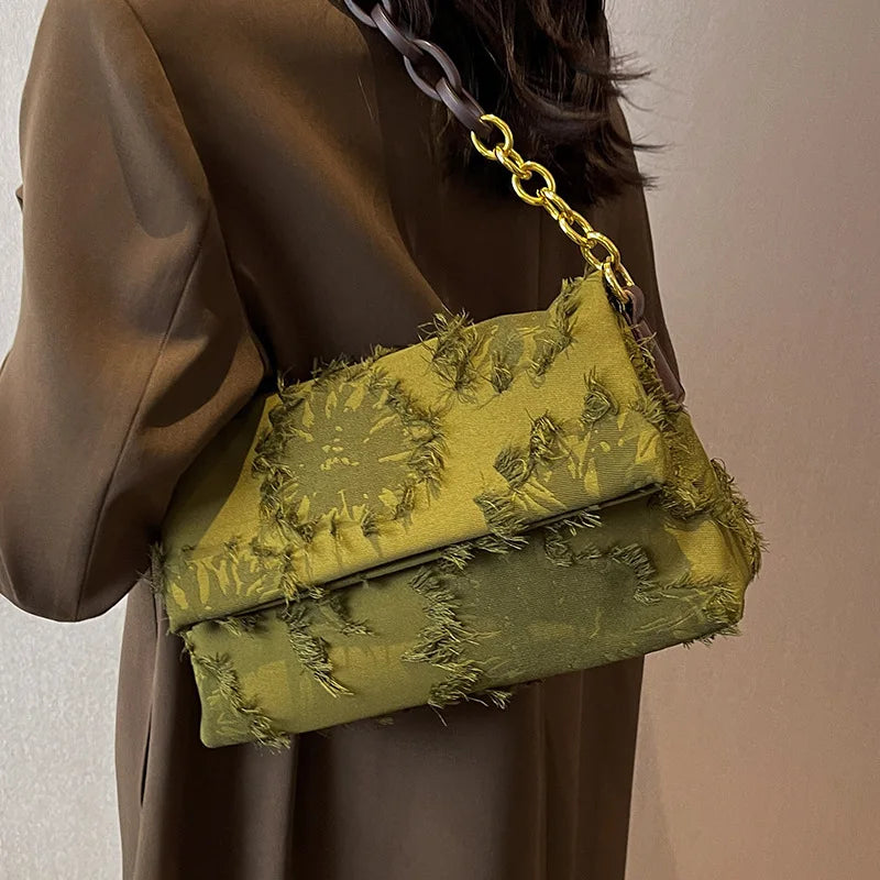 Canvas Tassel Shoulder Bag for Women Chain Crossbody Handbag and Purse