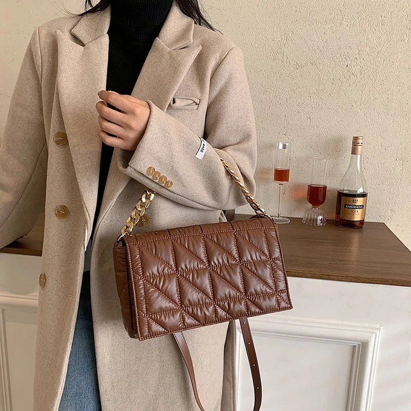 Winter Women Bag Casual Air Down Padded Handbag Metal Chain Women Shoulder Bag