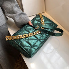 Winter Women Bag Casual Air Down Padded Handbag Metal Chain Women Shoulder Bag