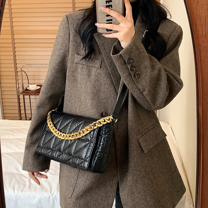 Winter Women Bag Casual Air Down Padded Handbag Metal Chain Women Shoulder Bag
