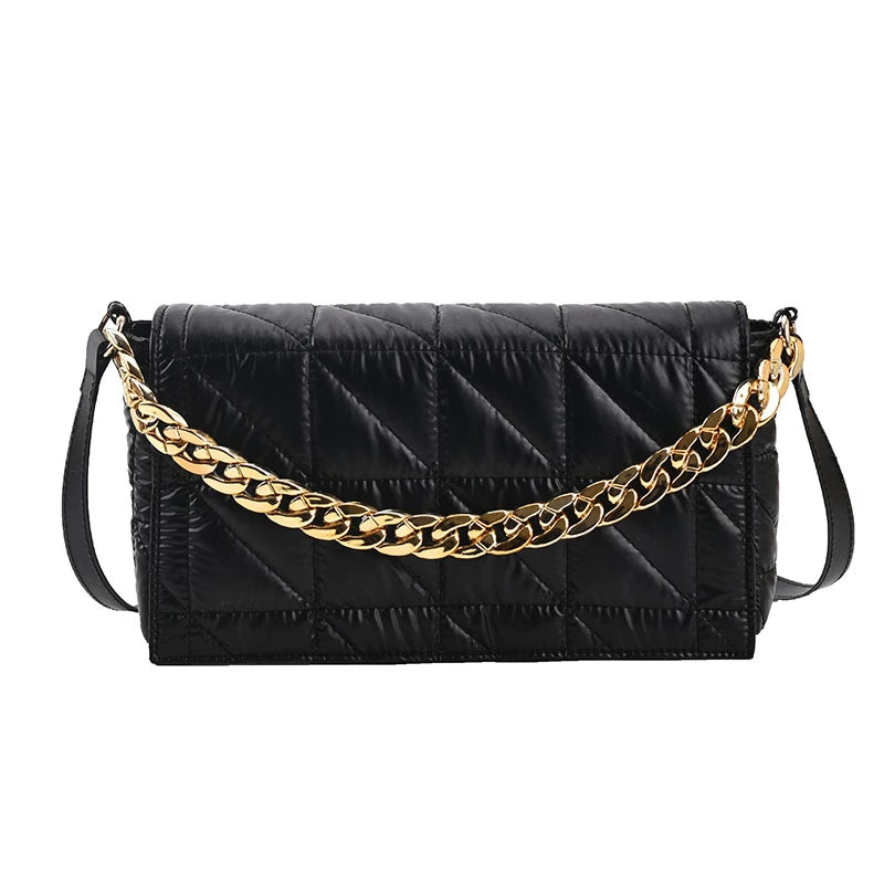 Winter Women Bag Casual Air Down Padded Handbag Metal Chain Women Shoulder Bag