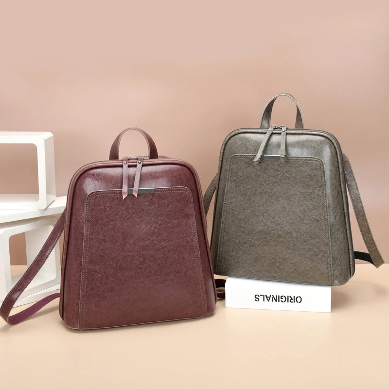 Oil Wax Leather Women Backpack Large Capacity School Bag