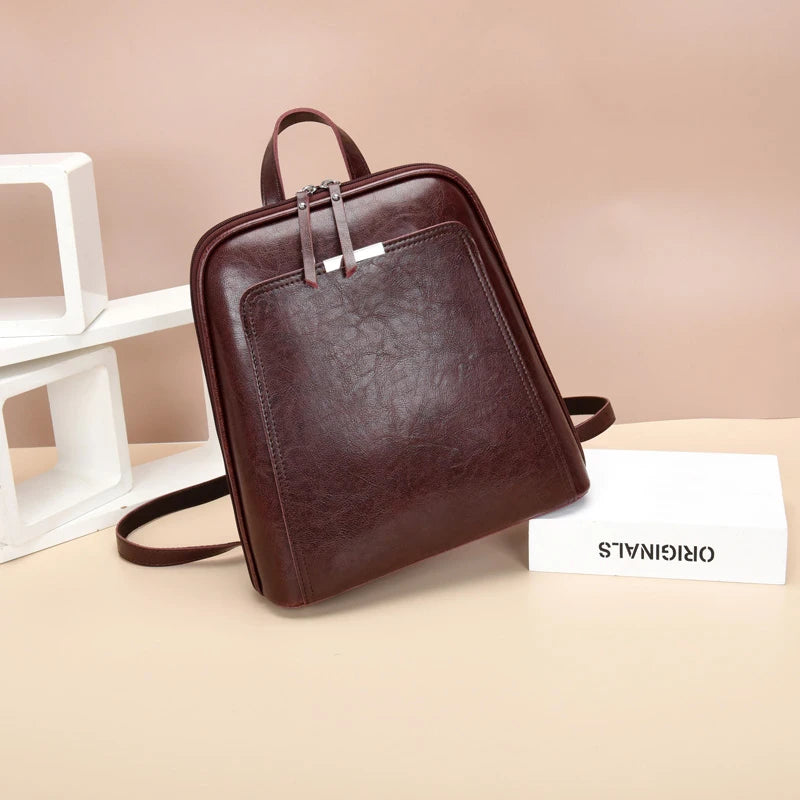 Oil Wax Leather Women Backpack Large Capacity School Bag