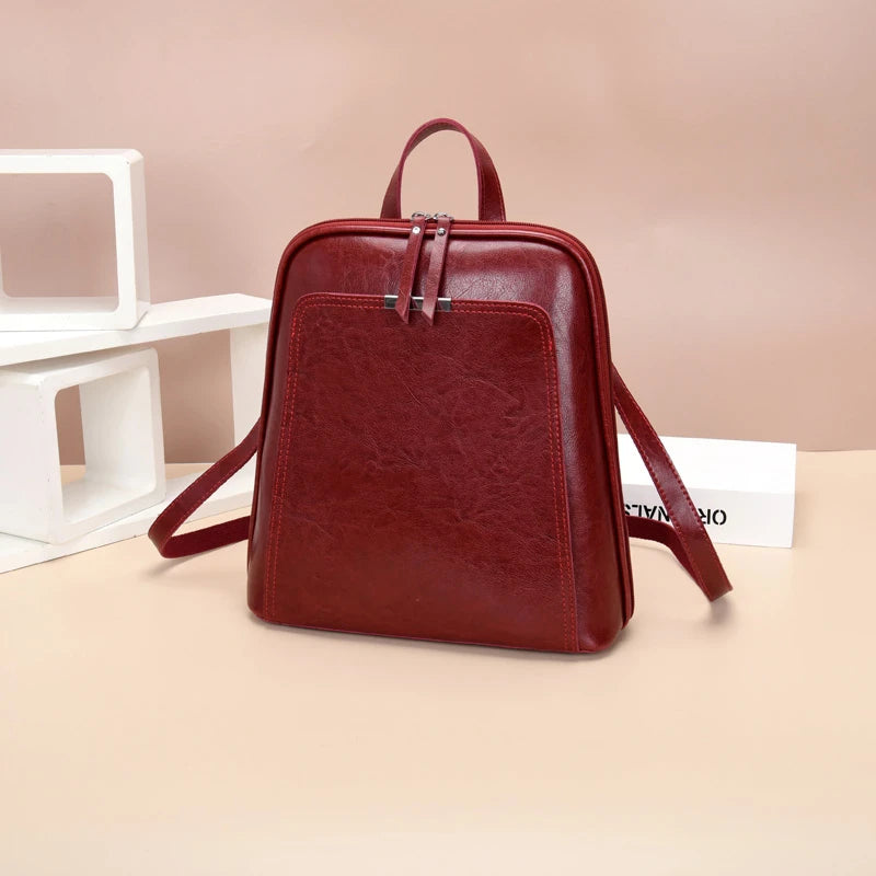 Oil Wax Leather Women Backpack Large Capacity School Bag