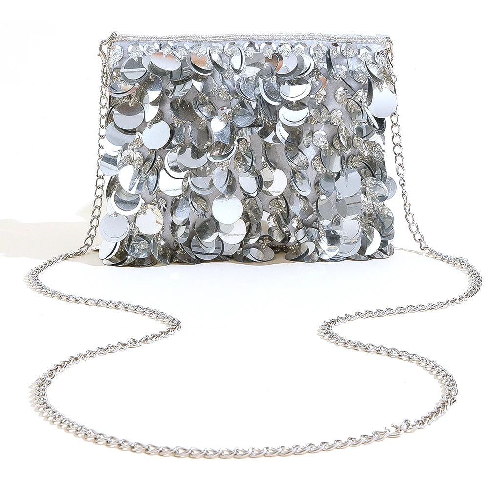 Women Silver Metal Sequins Chain Woven Evening Bag Clutch Handbag
