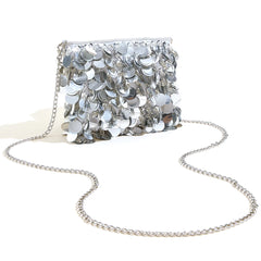 Women Silver Metal Sequins Chain Woven Evening Bag Clutch Handbag