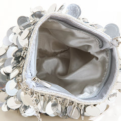 Women Silver Metal Sequins Chain Woven Evening Bag Clutch Handbag