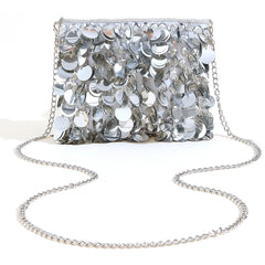 Women Silver Metal Sequins Chain Woven Evening Bag Clutch Handbag