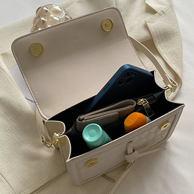 Small Flap Beige Shoulder Bag with Lozenge Prints