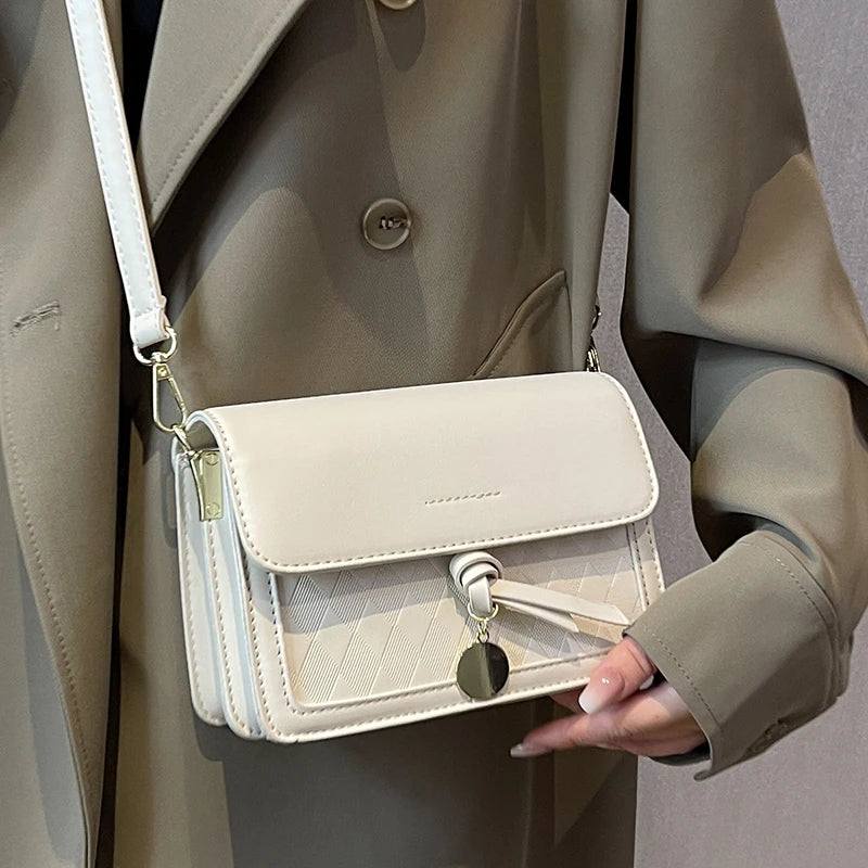 Small Flap Beige Shoulder Bag with Lozenge Prints