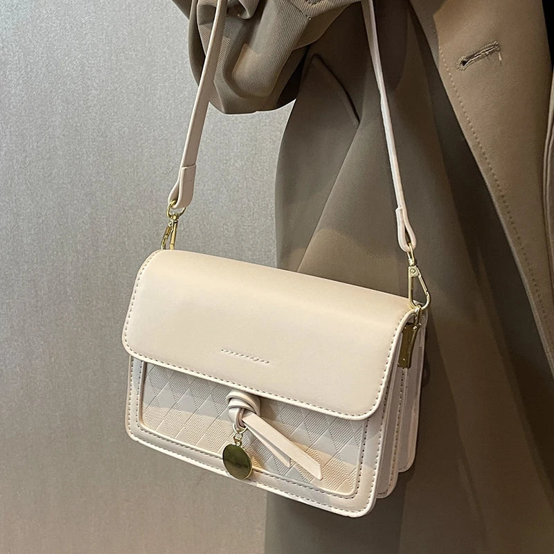 Small Flap Beige Shoulder Bag with Lozenge Prints