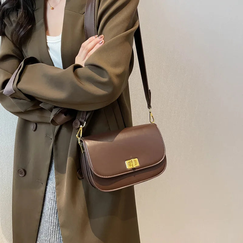 Women PU Leather Crossbody Bag Lock Flap Messenger Bag