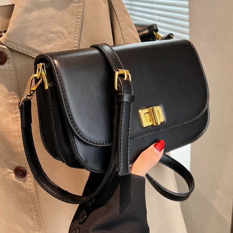 Women PU Leather Crossbody Bag Lock Flap Messenger Bag