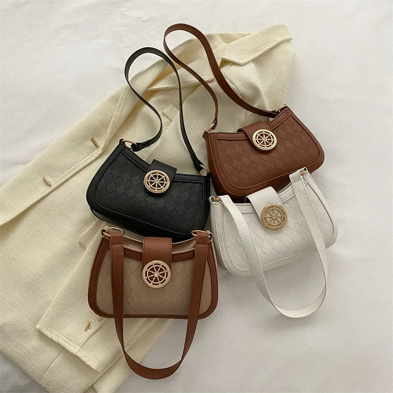 Plaid Quilted Crossbody Bag Lock Half Moon Messenger Bag for Women