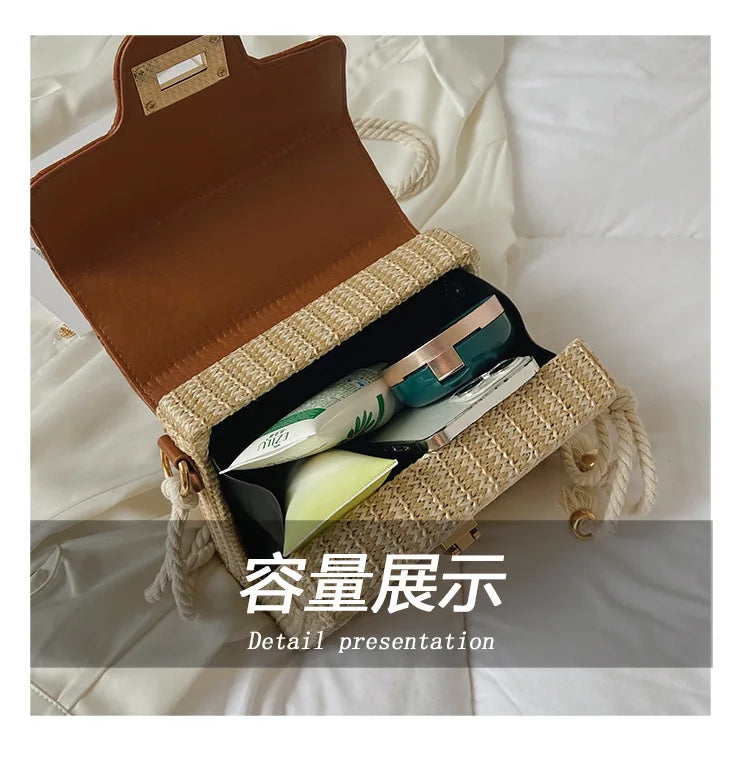 Women Straw Crossbody Bag Lock Flap Messenger Bag For Women Versatile