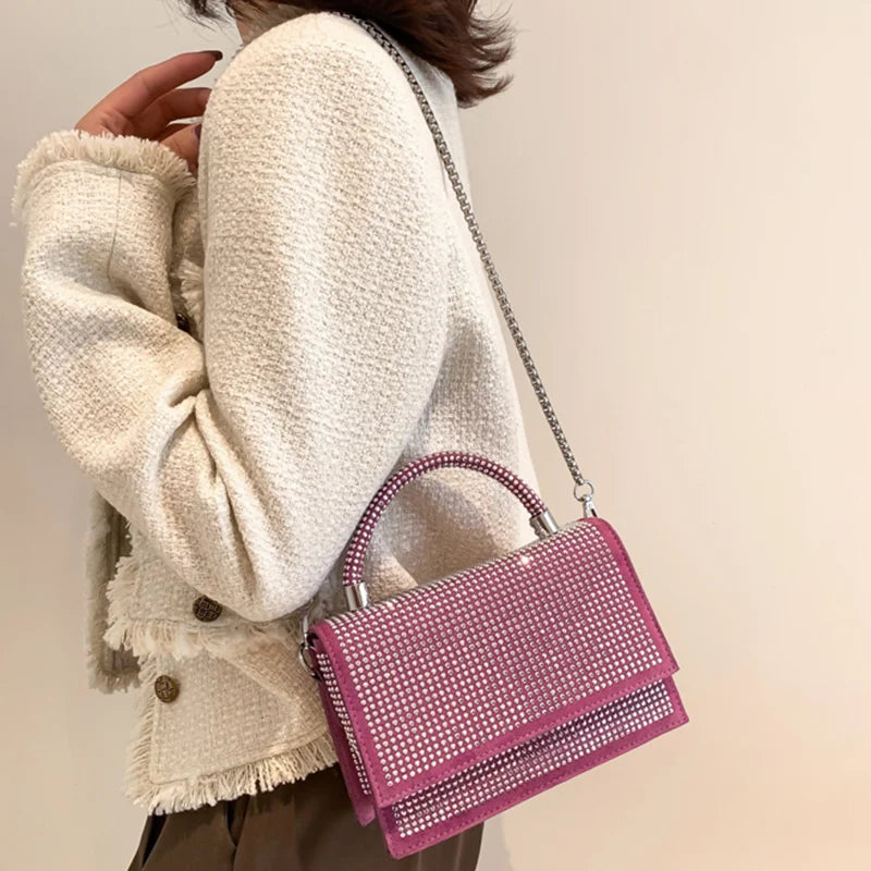 Crystal Top Handle Flap Bag Chain Crossbody Shoulder Bling Evening Clutch