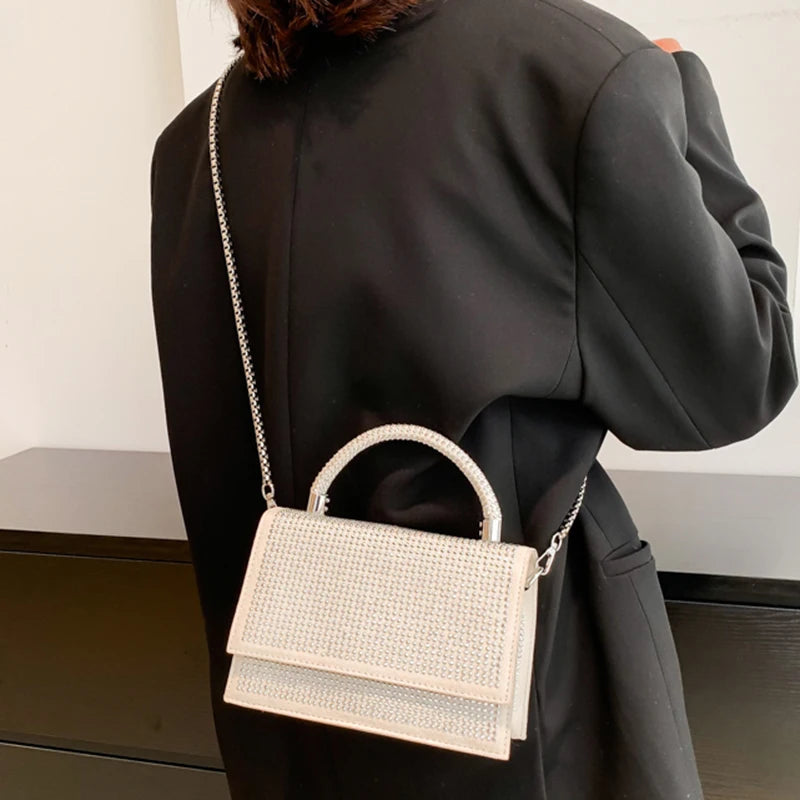 Crystal Top Handle Flap Bag Chain Crossbody Shoulder Bling Evening Clutch