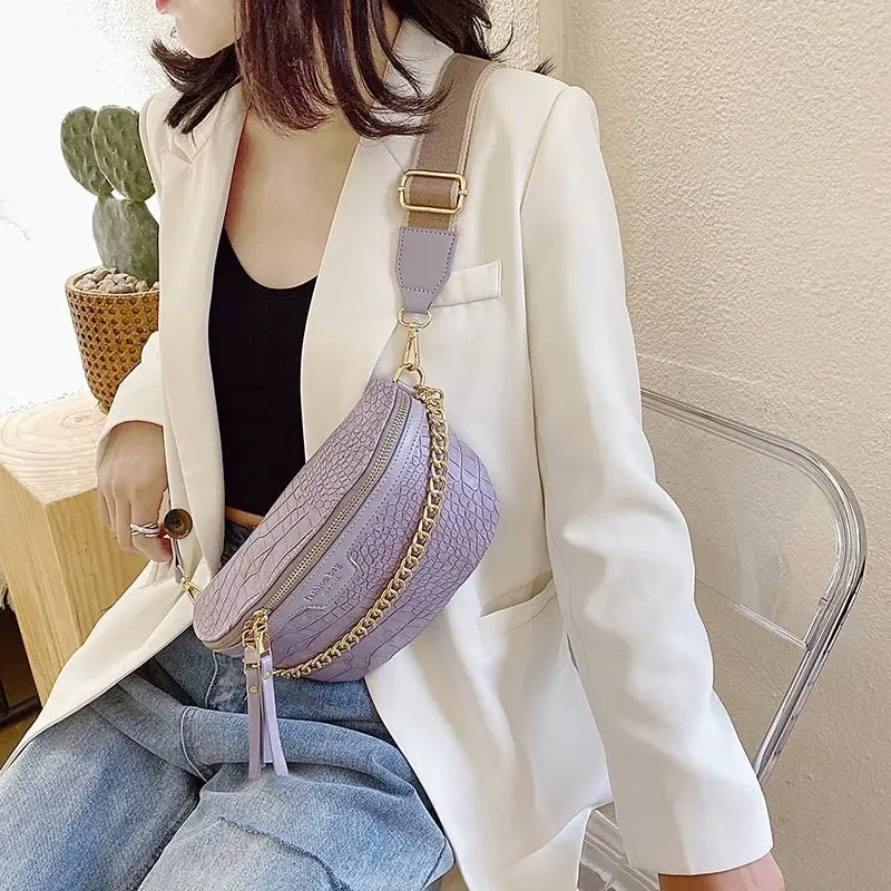 Women Leather Bag High Waist Bag Thick Chain Shoulder Crossbody Chest Bag