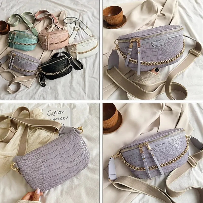 Women Leather Bag High Waist Bag Thick Chain Shoulder Crossbody Chest Bag