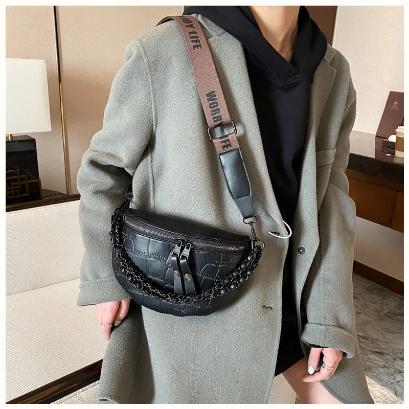 Women's Fanny Pack Retro Waist Bag with Thick Chain Shoulder Crossbody Chest Bag