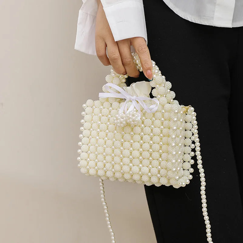 Woven Pearls Bag Shoulder Bags for Women Small Beading Handbags