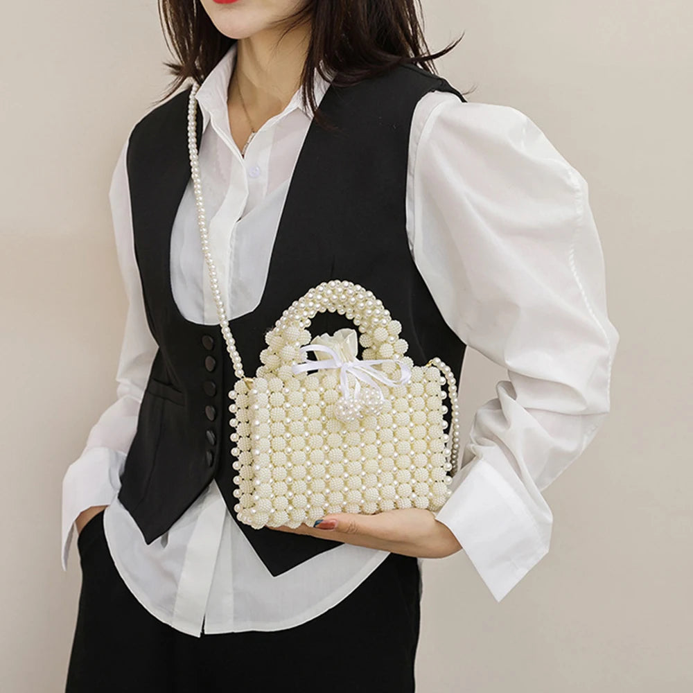 Woven Pearls Bag Shoulder Bags for Women Small Beading Handbags