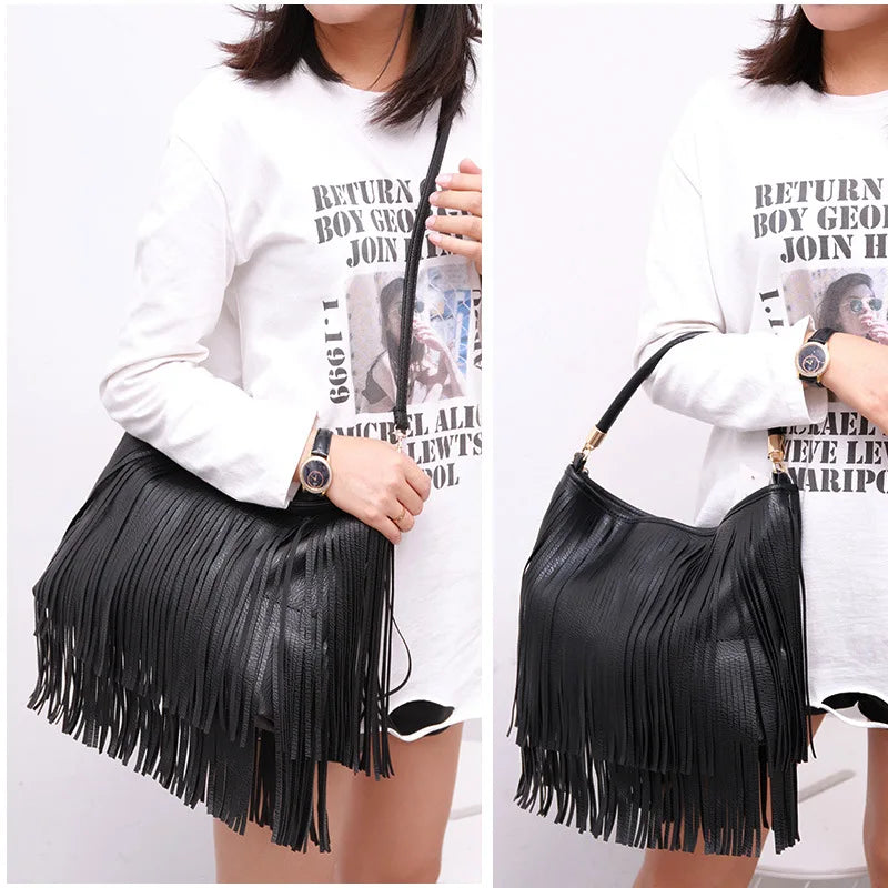 Vintage Bohemian Fringe Messenger Crossbody Bag Purse Tassel Handbag