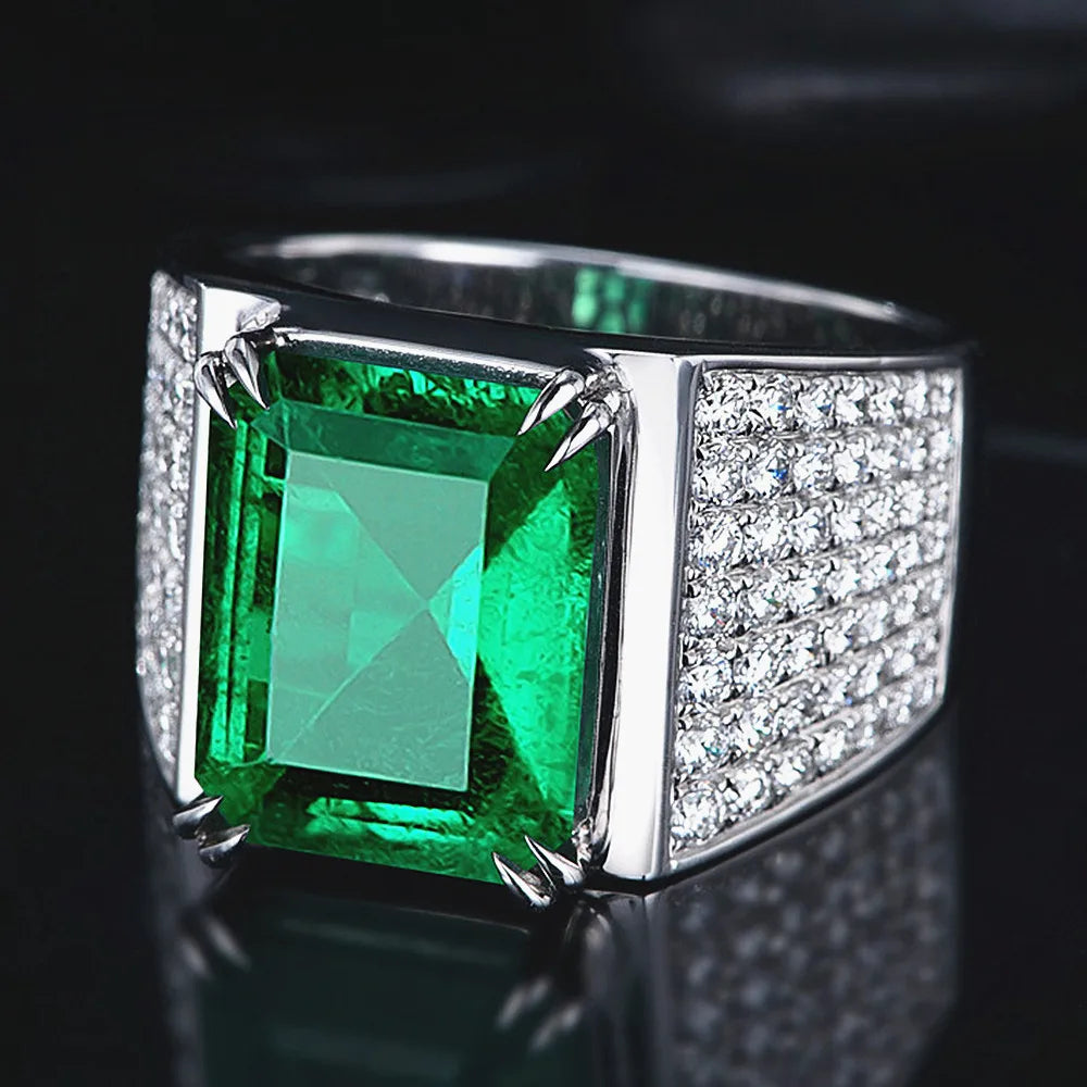 Men's Green Emerald Crystal Ring Silver Jewelry