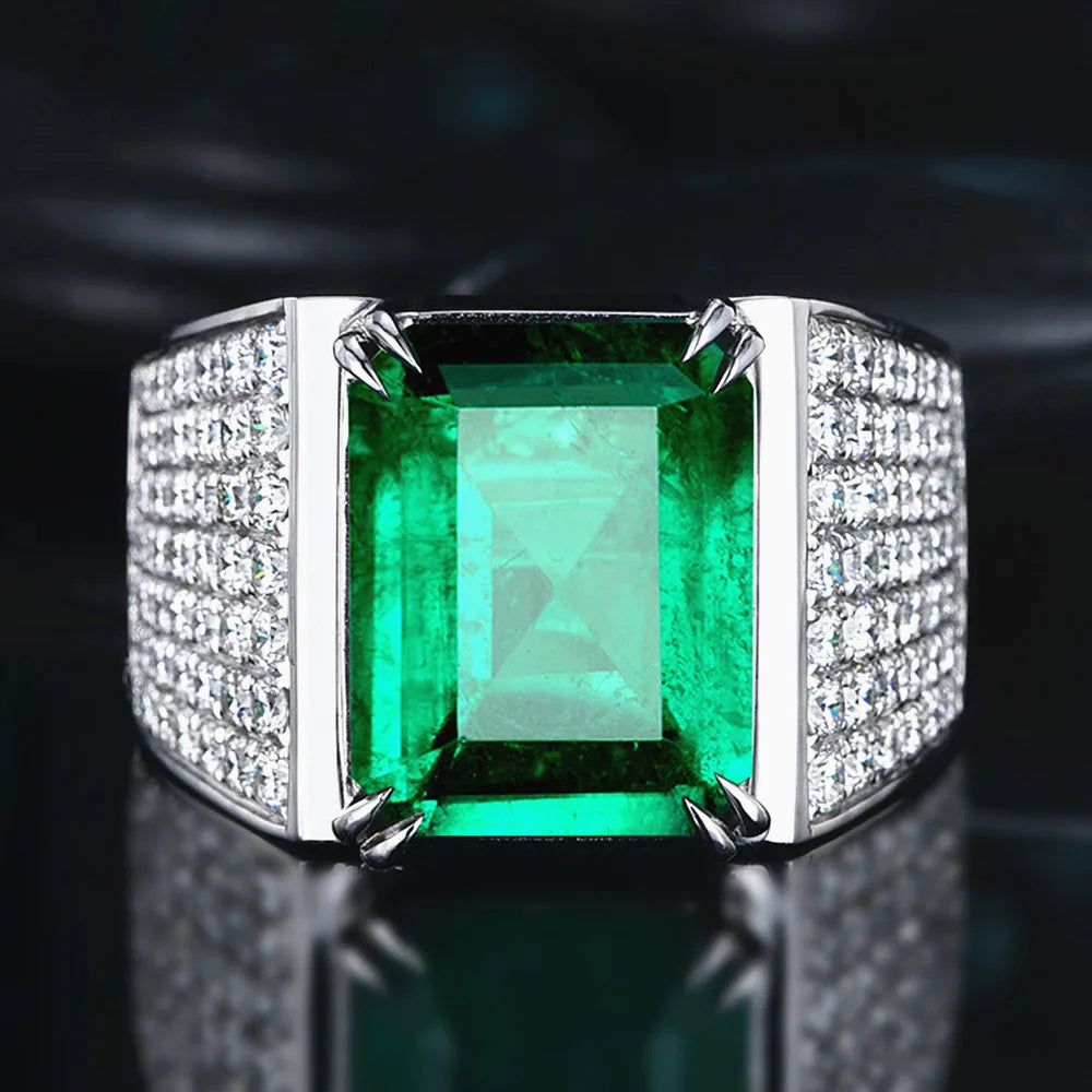 Men's Green Emerald Crystal Ring Silver Jewelry