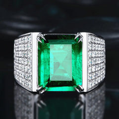 Men's Green Emerald Crystal Ring Silver Jewelry