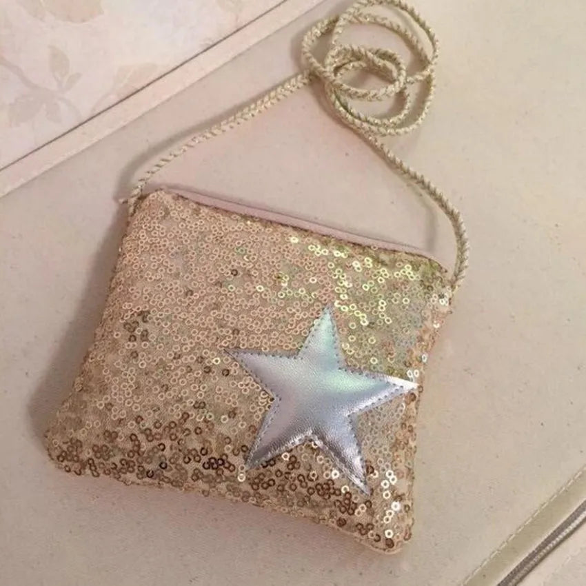 Sequin Star Girl Bag Oblique Satchel Zipper Bag for Kids