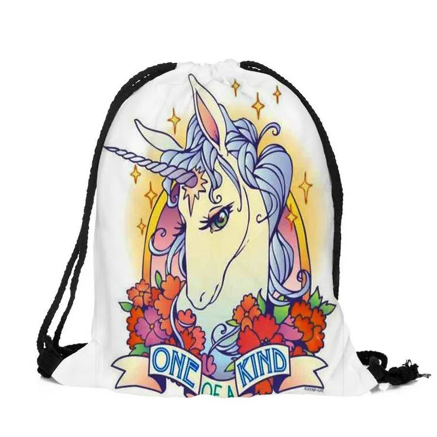 3D Print Cartoon Unicorn Drawstring Backpack Small Size