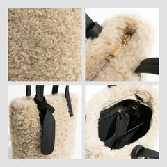 Coffe Sqaure Faux Fur Women Tote Bag - Soft Fluffy Small Shopper Purse