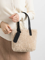 Coffe Sqaure Faux Fur Women Tote Bag - Soft Fluffy Small Shopper Purse
