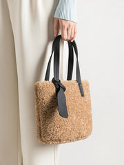 Coffe Sqaure Faux Fur Women Tote Bag - Soft Fluffy Small Shopper Purse