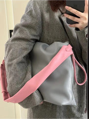 Gray/Pink PU Leather Shoulder Bag for Women Adjustable Strap Hobo Purse