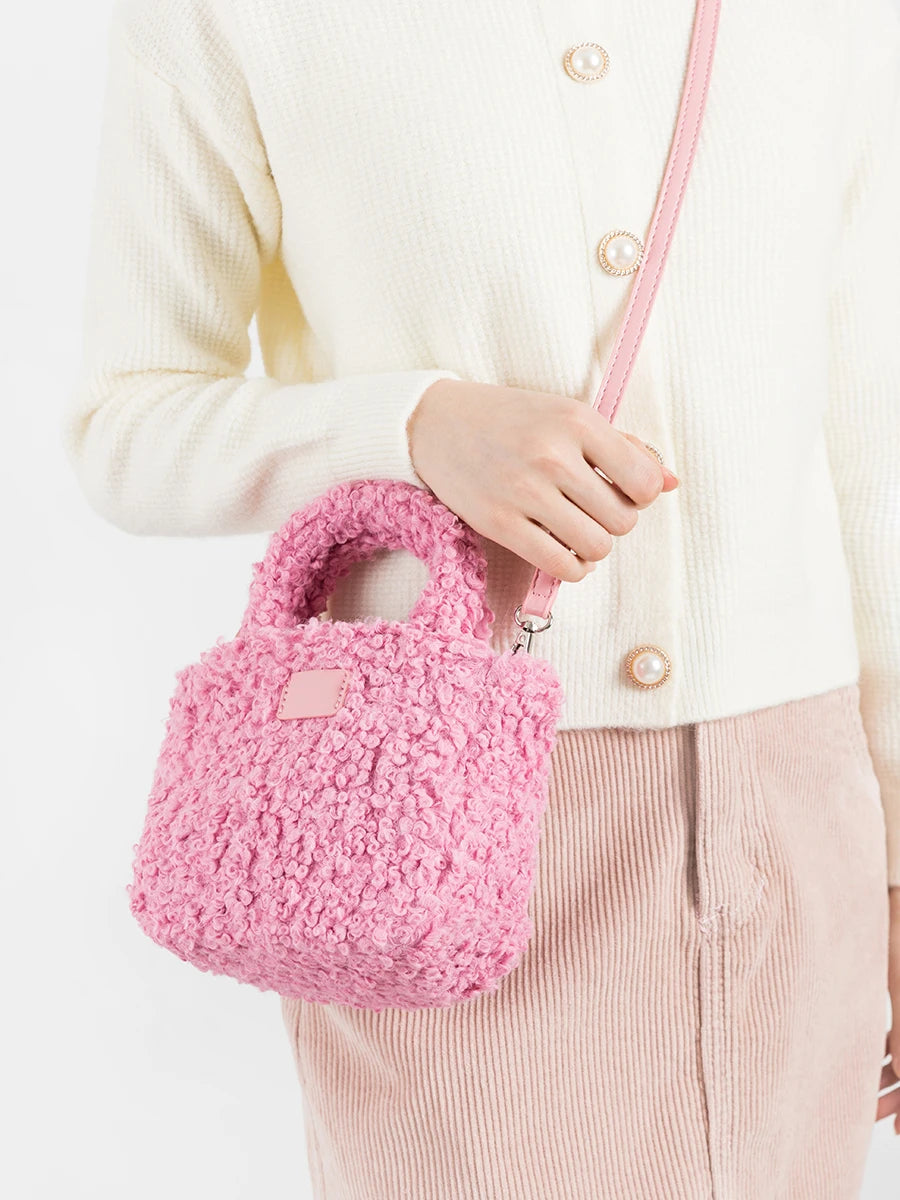 Pink Faux Lambhair Fur Womens Tote Purse Soft Crossbody Bag