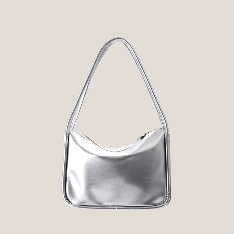 Silver Stylish Women Shoulder Bags Double Strap Small Tote Handbags Soft Leather