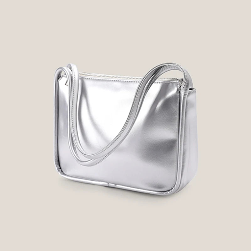 Silver Stylish Women Shoulder Bags Double Strap Small Tote Handbags Soft Leather