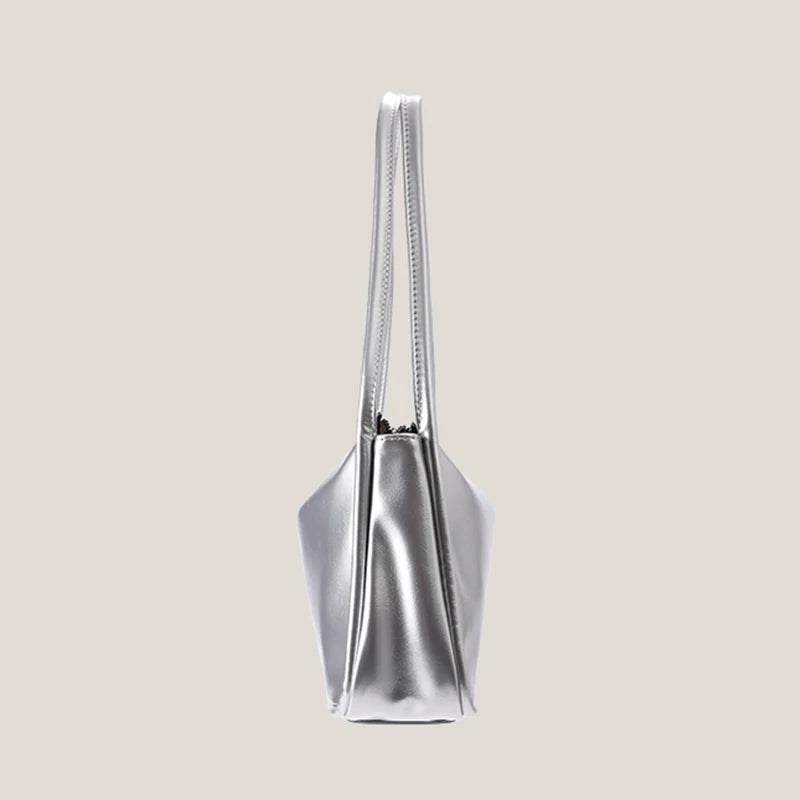 Silver Stylish Women Shoulder Bags Double Strap Small Tote Handbags Soft Leather