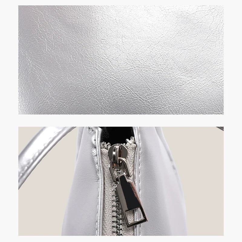 Silver Stylish Women Shoulder Bags Double Strap Small Tote Handbags Soft Leather
