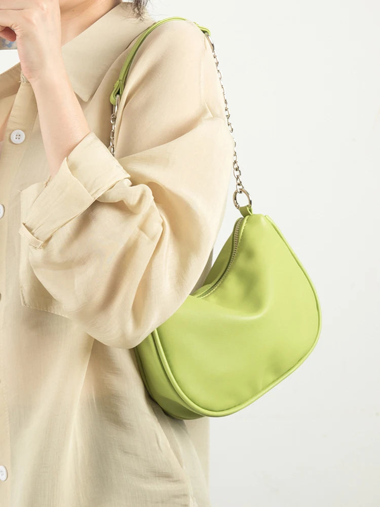 Soft Leather Women Shoulder Bags With Chain Phone Purse Half Moon Handbag