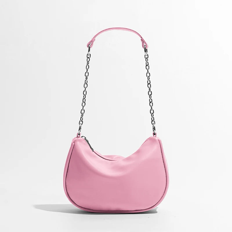 Soft Leather Women Shoulder Bags With Chain Phone Purse Half Moon Handbag